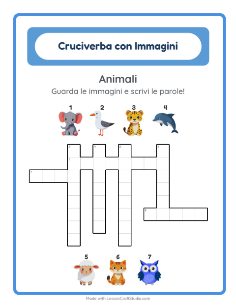 Anteprima della scheda di Cruciverba con Animali per Scuola primaria classe seconda