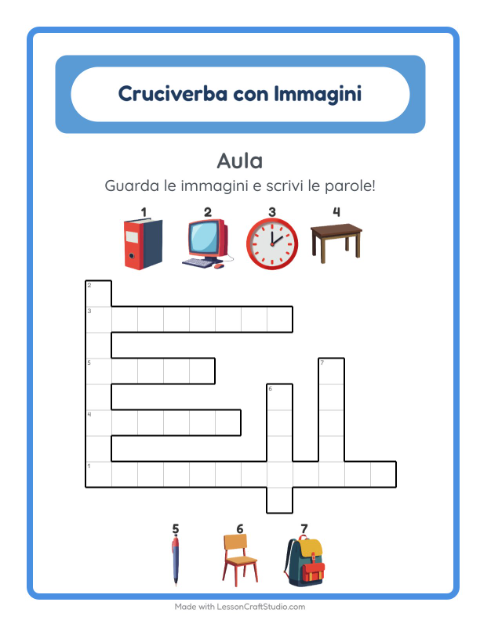 Anteprima della scheda di Cruciverba con Aula per Scuola primaria classe seconda