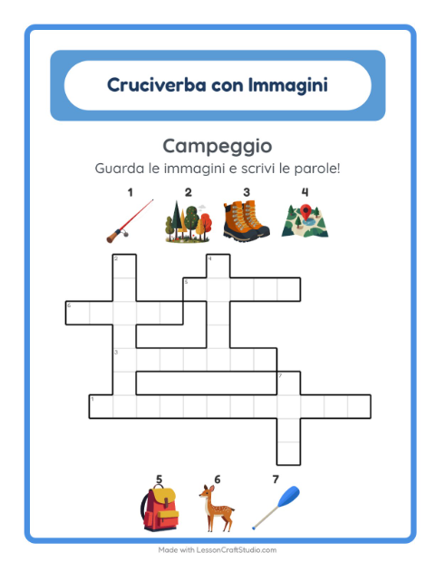 Anteprima della scheda di Cruciverba con Campeggio per Scuola primaria classe seconda