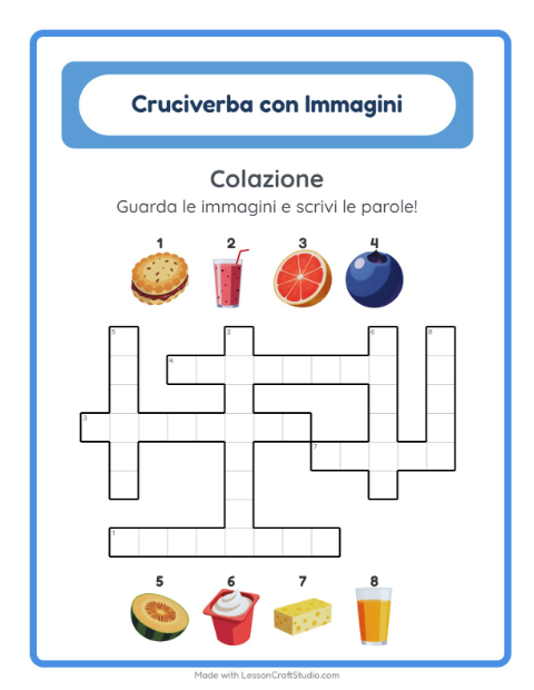 Anteprima della scheda di Cruciverba con Colazione per Scuola primaria classe seconda