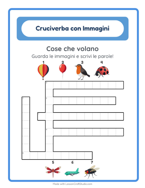Anteprima della scheda di Cruciverba con Cose che volano per Scuola primaria classe seconda