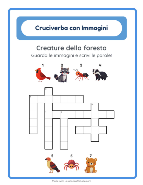 Anteprima della scheda di Cruciverba con Creature della foresta per Scuola primaria classe seconda