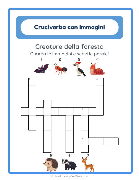 Anteprima della scheda di Cruciverba con Creature della foresta per Scuola primaria classe seconda