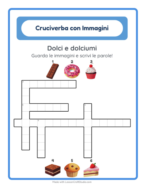 Anteprima della scheda di Cruciverba con Dolci e dolciumi per Scuola primaria classe seconda