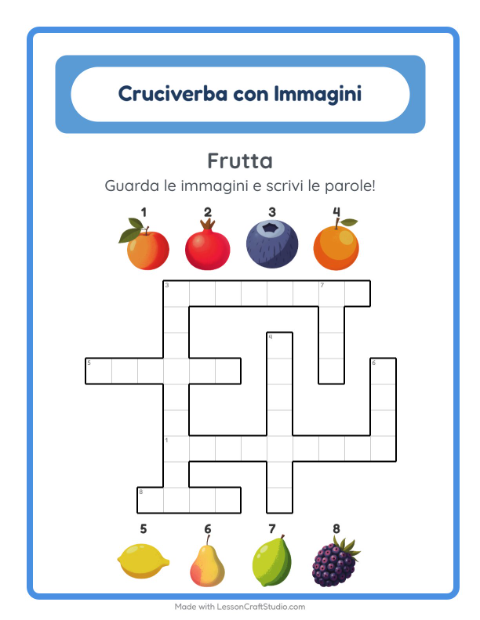 Anteprima della scheda di Cruciverba con Frutta per Scuola primaria classe seconda