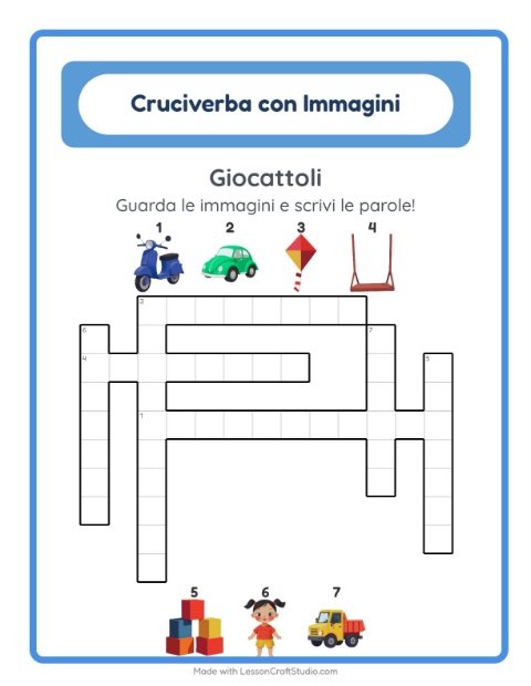 Anteprima della scheda di Cruciverba con Giocattoli per Scuola primaria classe seconda