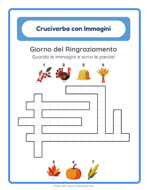 Anteprima della scheda di Cruciverba con Giorno del Ringraziamento per Scuola primaria classe seconda