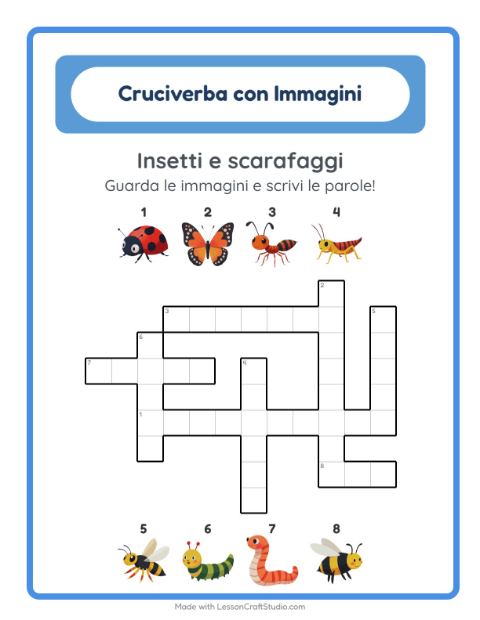 Anteprima della scheda di Cruciverba con Insetti e scarafaggi per Scuola primaria classe seconda
