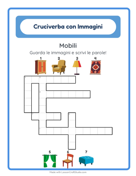 Anteprima della scheda di Cruciverba con Mobili per Scuola primaria classe seconda