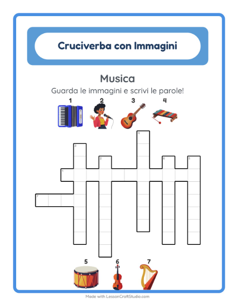 Anteprima della scheda di Cruciverba con Musica per Scuola primaria classe seconda
