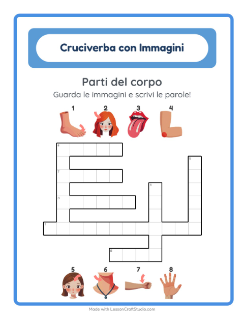 Anteprima della scheda di Cruciverba con Parti del corpo per Scuola primaria classe seconda