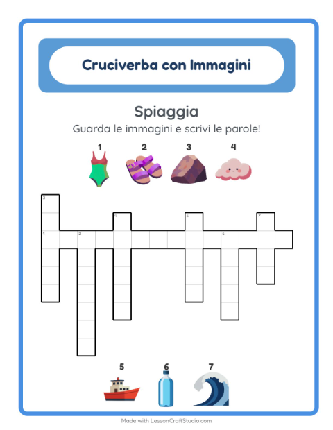 Anteprima della scheda di Cruciverba con Spiaggia per Scuola primaria classe seconda