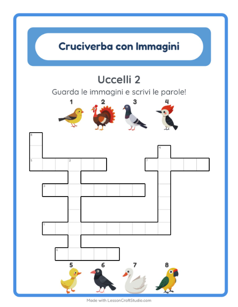 Anteprima della scheda di Cruciverba con Uccelli 2 per Scuola primaria classe seconda