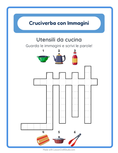 Anteprima della scheda di Cruciverba con Utensili da cucina per Scuola primaria classe seconda