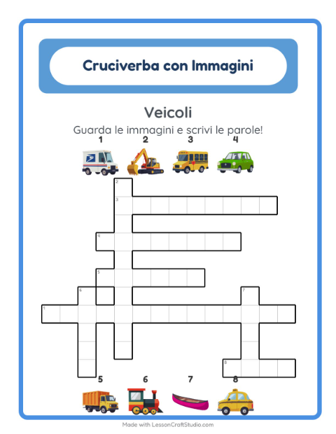 Anteprima della scheda di Cruciverba con Veicoli per Scuola primaria classe seconda
