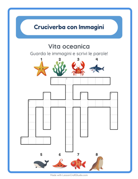 Anteprima della scheda di Cruciverba con Vita oceanica per Scuola primaria classe seconda