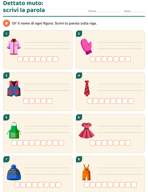 Anteprima della scheda di Dettato muto con Abbigliamento per Scuola primaria classe prima