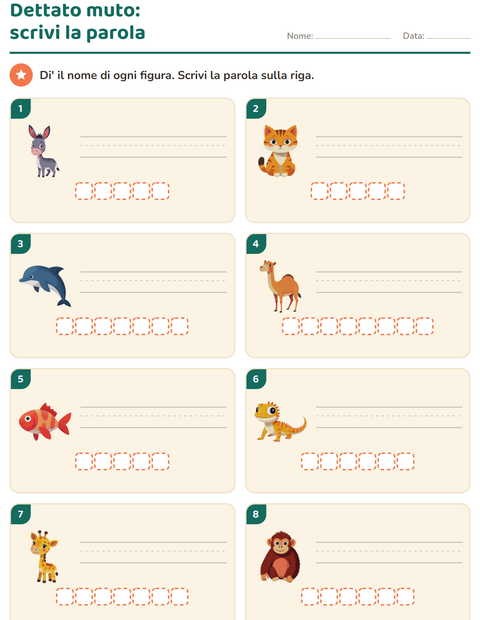 Anteprima della scheda di Dettato muto con Animali per Scuola primaria classe prima