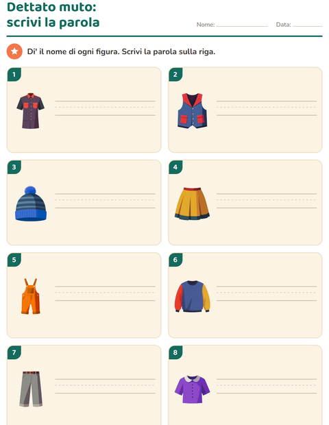 Anteprima della scheda di Dettato muto con Abbigliamento per Scuola primaria classe prima