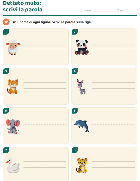 Anteprima della scheda di Dettato muto con Animali per Scuola primaria classe prima