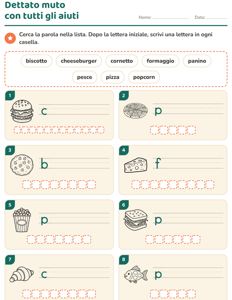 Anteprima della scheda di Dettato muto con Cibo BN per Scuola primaria classe prima