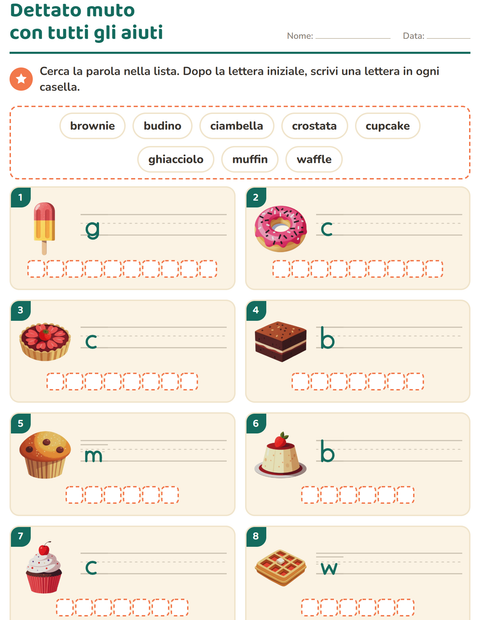 Anteprima della scheda di Dettato muto con Dolci e dolciumi per Scuola primaria classe prima