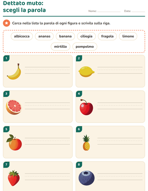 Anteprima della scheda di Dettato muto con Frutta per Scuola primaria classe prima