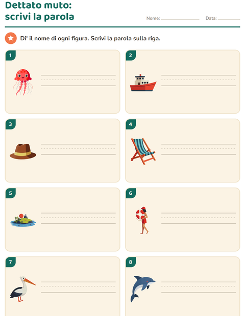 Anteprima della scheda di Dettato muto con Spiaggia per Scuola primaria classe prima