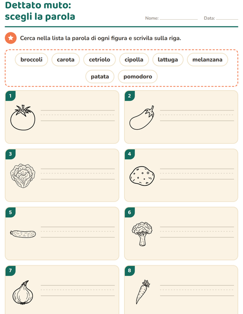 Anteprima della scheda di Dettato muto con Verdure BN per Scuola primaria classe prima