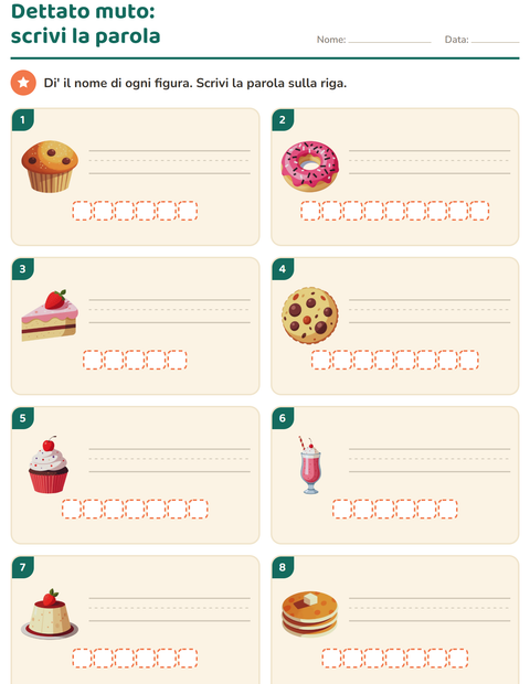Anteprima della scheda di Dettato muto con Dolci e dolciumi per Scuola primaria classe prima