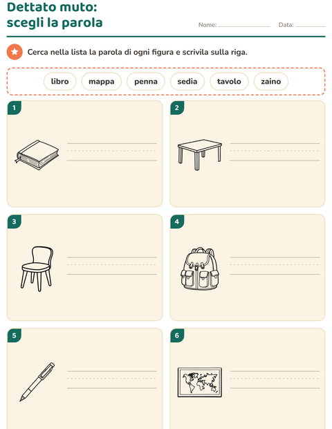 Anteprima della scheda di Dettato muto con Aula 2 (B/N) per Scuola primaria classe prima