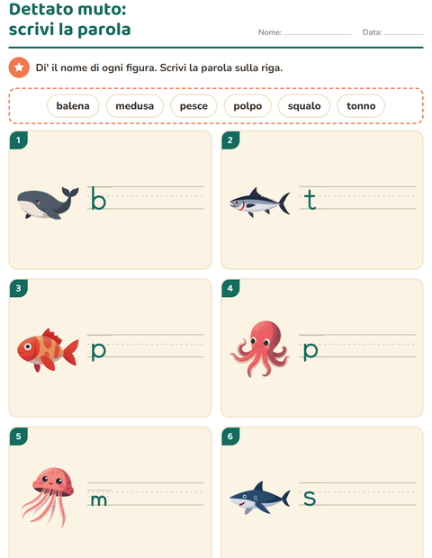 Anteprima della scheda di Dettato muto con Vita oceanica per Scuola primaria classe prima