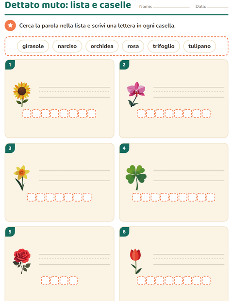 Anteprima della scheda di Dettato muto con Fiori per Scuola primaria classe prima