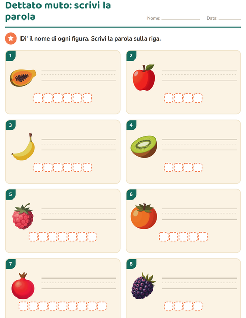 Dettato muto: scrivi il nome della frutta con una casella per ogni lettera