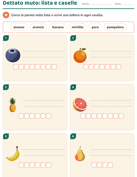 Anteprima della scheda di Dettato muto con Frutta per Scuola primaria classe prima