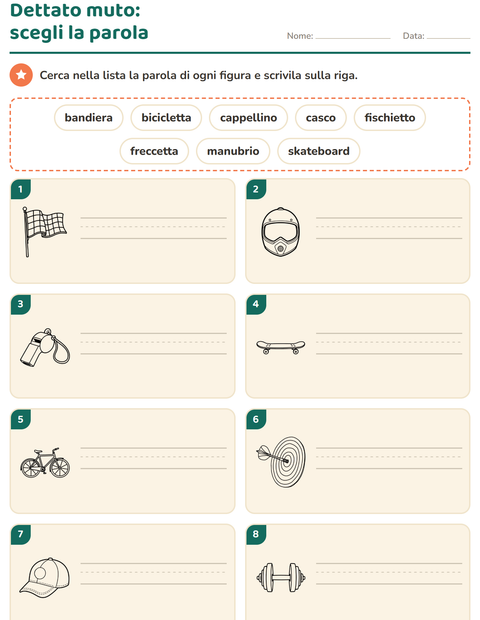 Anteprima della scheda di Dettato muto con Sport BN per Scuola primaria classe prima