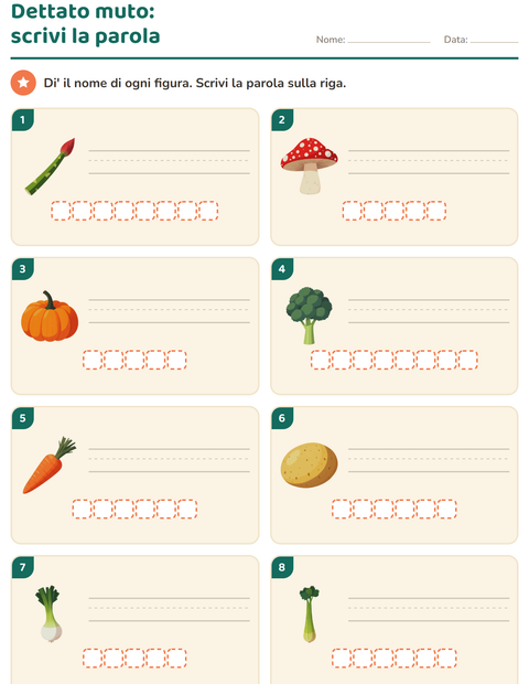 Anteprima della scheda di Dettato muto con Verdure per Scuola primaria classe prima