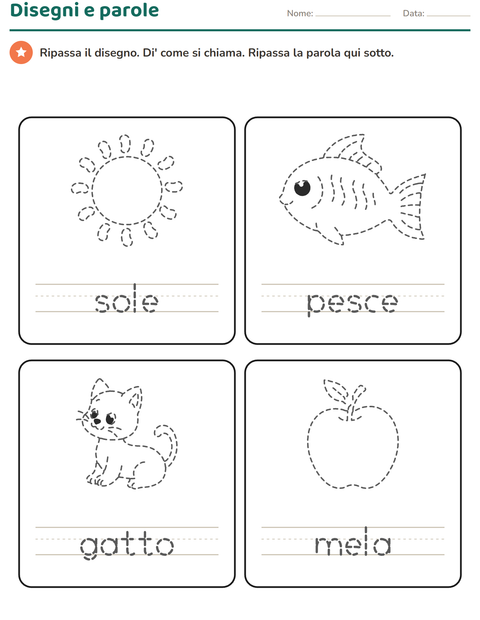 Anteprima di Ripassa il disegno e la parola: sole, pesce, gatto, mela