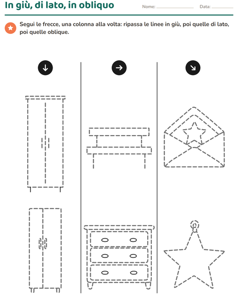 Linee dritte da ripassare: disegni verticali, orizzontali, obliqui