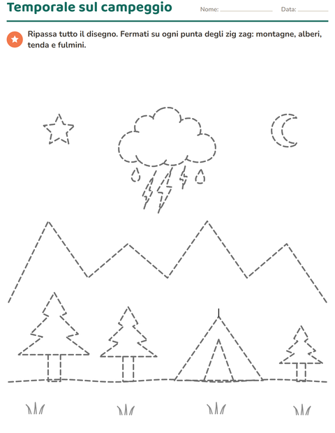 Anteprima di Disegni da ripassare: montagne a zig zag e temporale sul campeggio