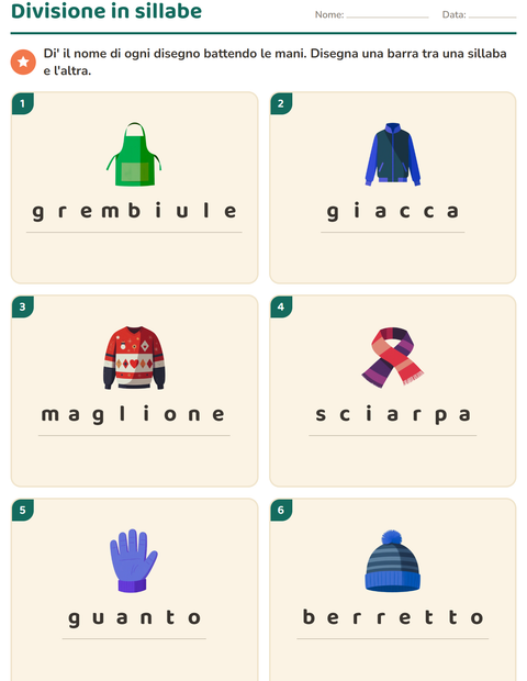 Anteprima della scheda di Divisione in sillabe con Abbigliamento per Scuola primaria classe prima