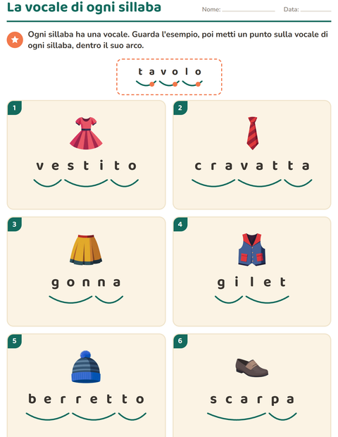 Anteprima della scheda di Divisione in sillabe con Abbigliamento per Scuola primaria classe prima