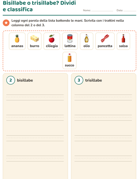 Anteprima di Bisillabe o trisillabe? Dividi le parole e classificale in due colonne