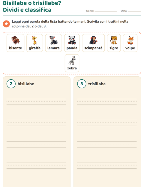 Anteprima della scheda di Divisione in sillabe con Animali dello zoo per Scuola primaria classe prima