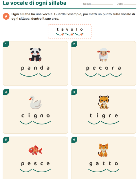 Anteprima della scheda di Divisione in sillabe con Animali per Scuola primaria classe prima