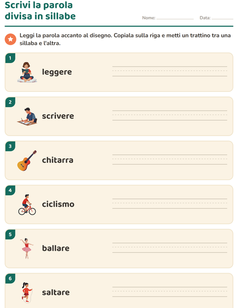 Anteprima della scheda di Divisione in sillabe con Attività per Scuola primaria classe prima