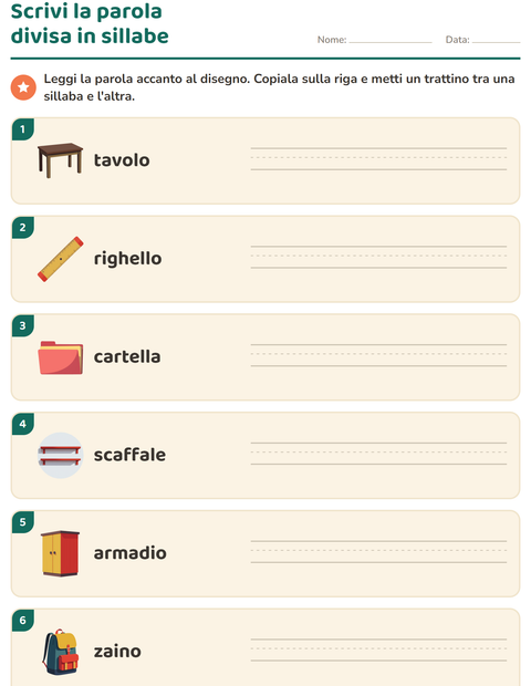 Anteprima della scheda di Divisione in sillabe con Aula per Scuola primaria classe prima