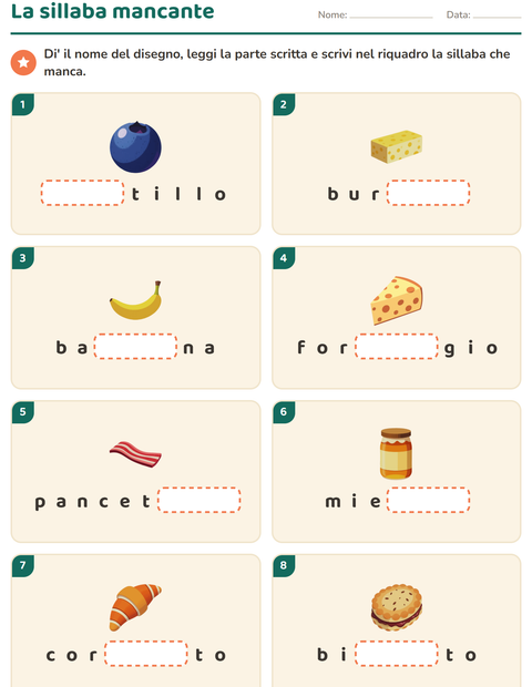 Anteprima della scheda di Divisione in sillabe con Colazione per Scuola primaria classe prima