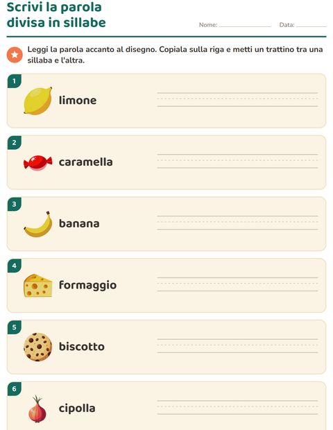 Anteprima della scheda di Divisione in sillabe con Al supermercato per Scuola primaria classe prima