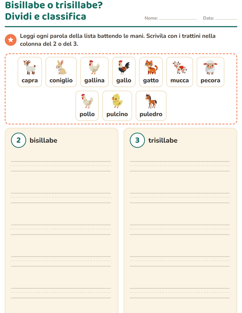 Anteprima della scheda di Divisione in sillabe con Animali della fattoria per Scuola primaria classe prima
